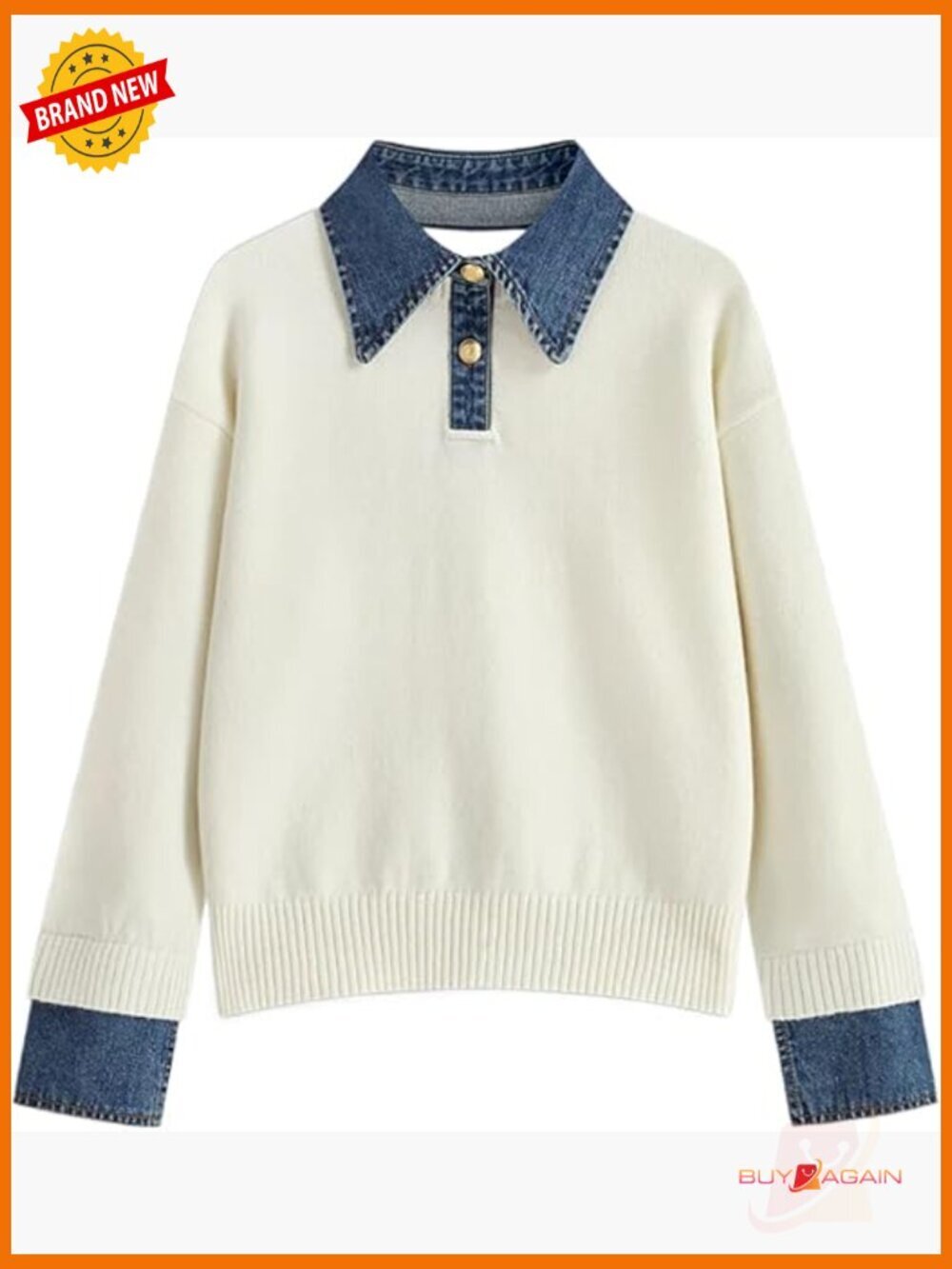 Oversized Denim Collar Pullover Sweater Long Sleeve Cable Knit